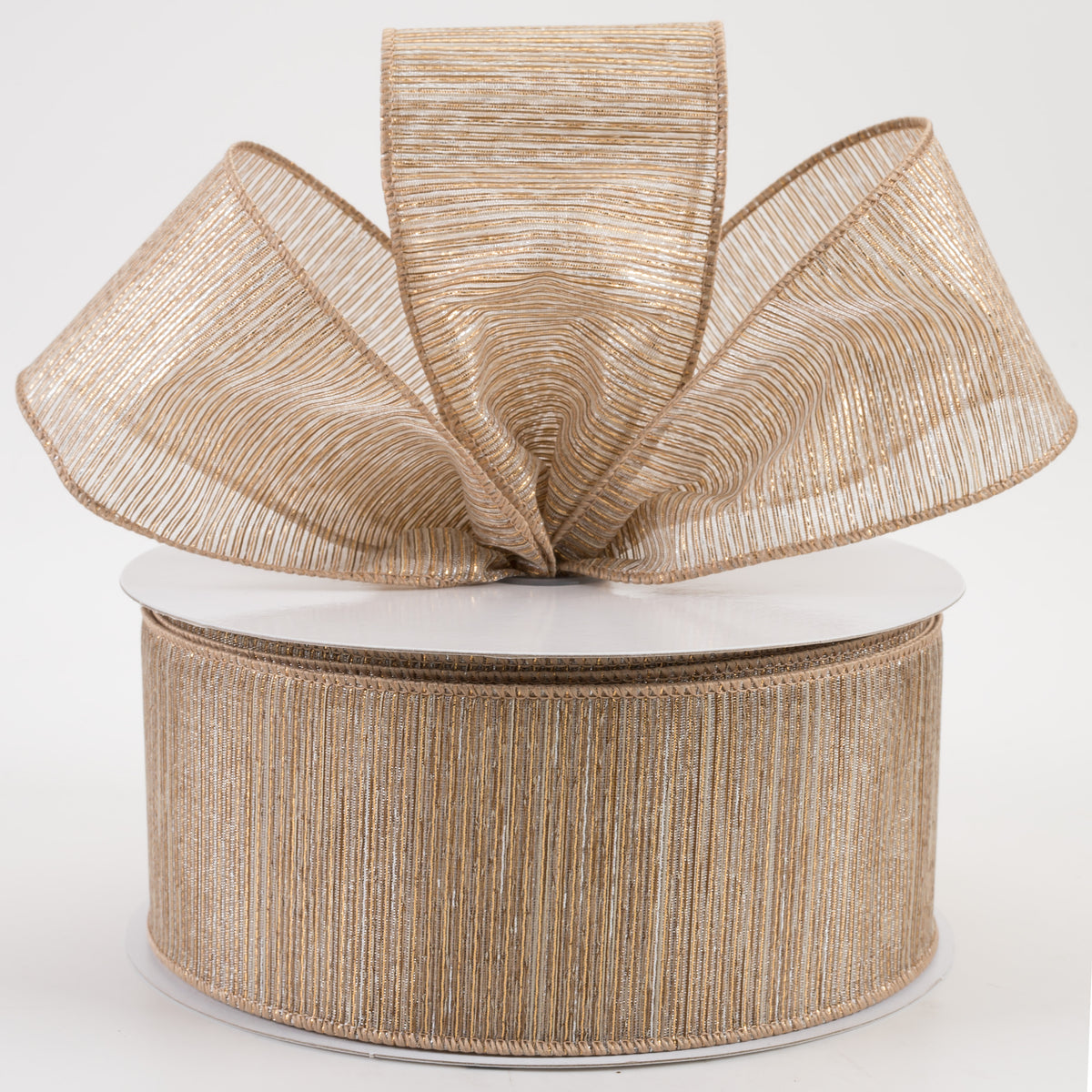 2.5" Woven Lines Ribbon: Beige & Gold (50 Yards) Lifestyle Photo