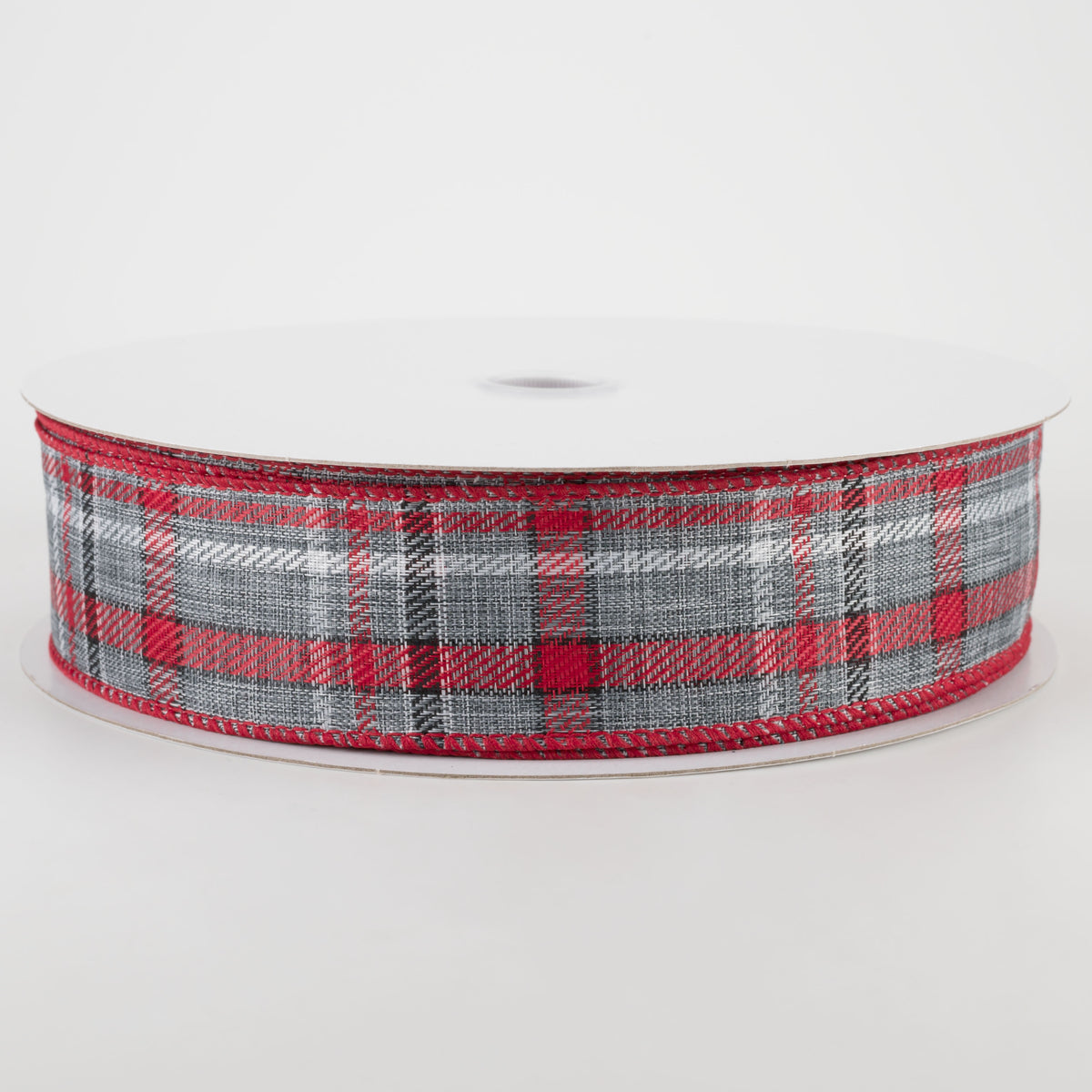 1.5" Woven Plaid Ribbon: Grey, White, Red, Black (50 Yards)