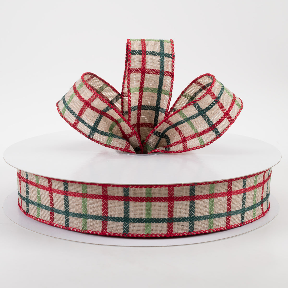 1.5" Woven Trellis Ribbon: Red, Apple & Hunter Green on Natural (50 Yards) Lifestyle Photo