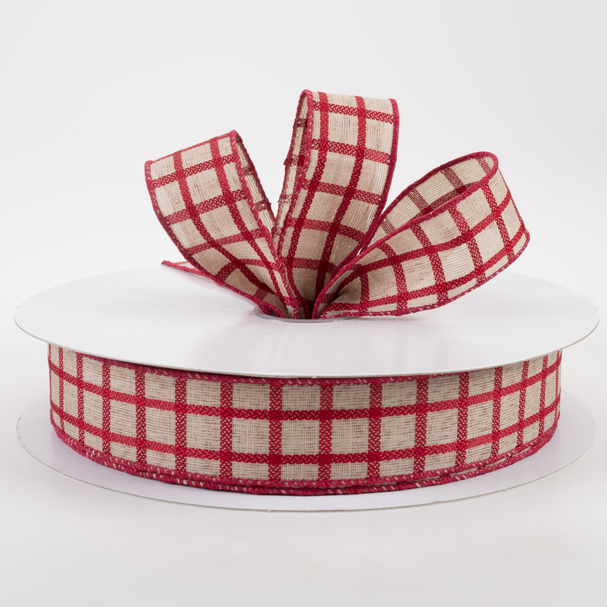1.5" Woven Trellis Ribbon: Red on Natural (50 Yards). Lifestyle Photo
