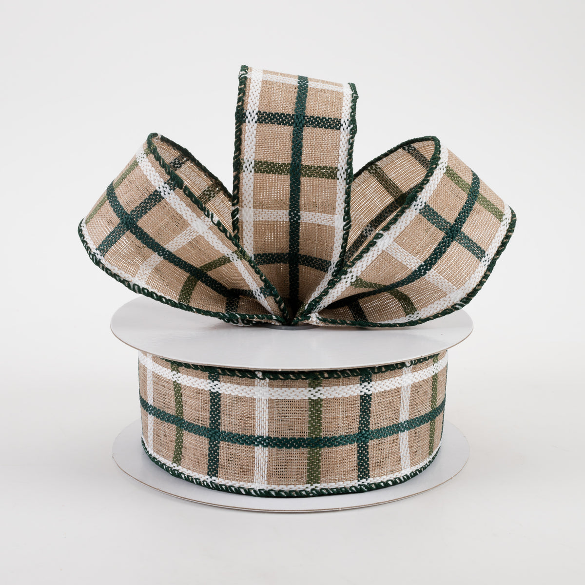 1.5" Woven Trellis Ribbon: White, Moss & Hunter Green on Natural (10 Yards) Lifestyle Photo