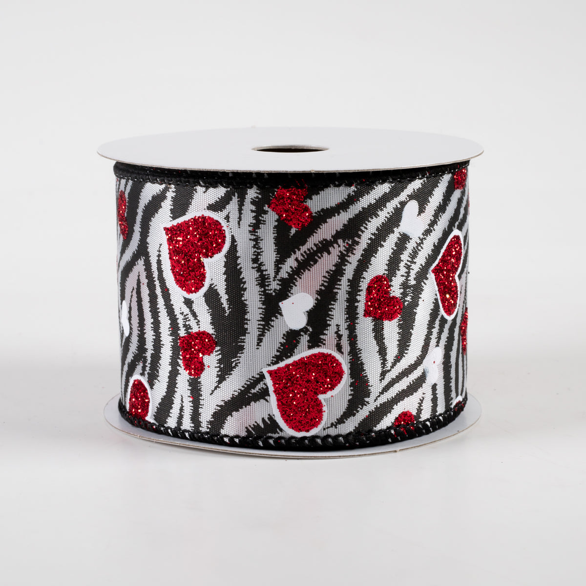 2.5" Zebra Stripes & Red Glitter Hearts Satin Ribbon (10 Yards) Item Number: 11306-40-21