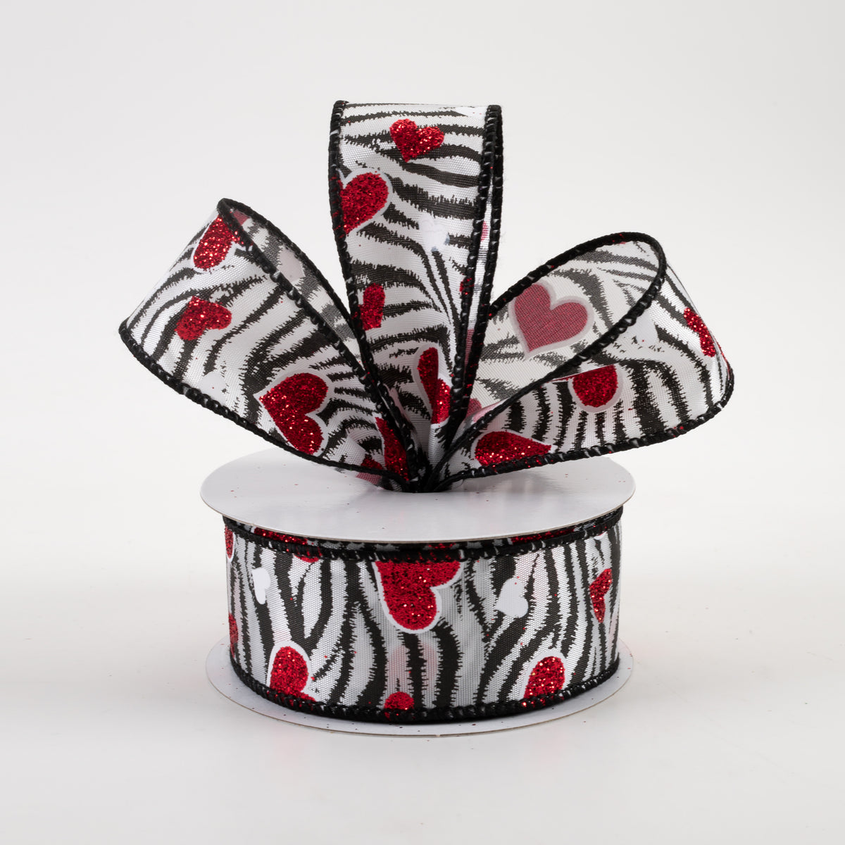 1.5" Zebra Stripes & Red Glitter Hearts Satin Ribbon (10 Yards) Lifestyle Photo