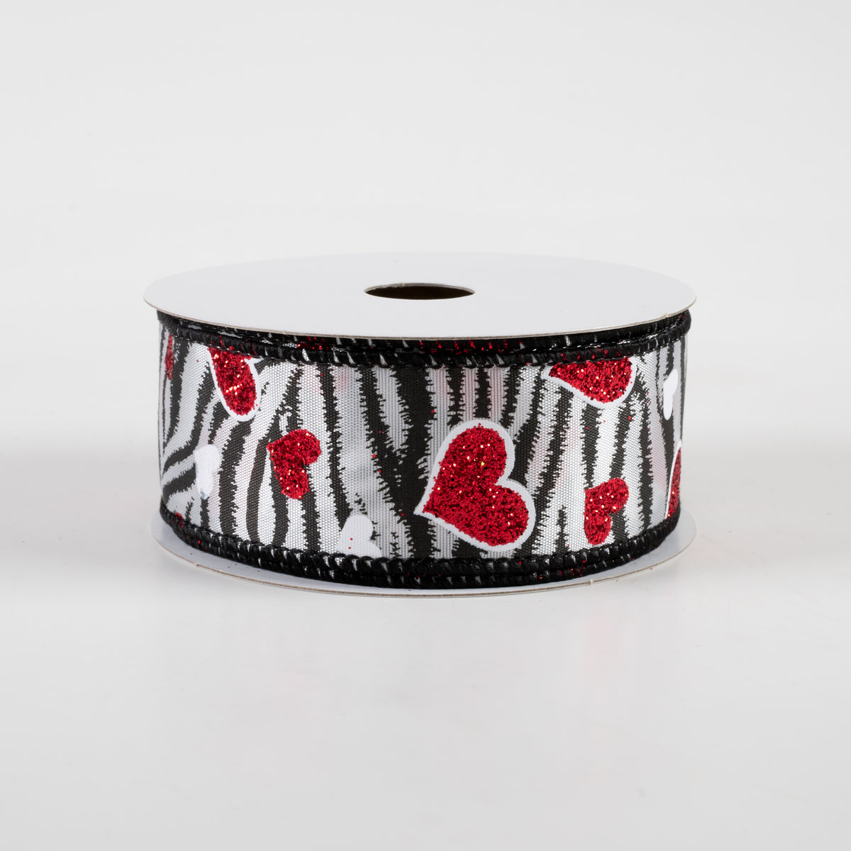 1.5" Zebra Stripes & Red Glitter Hearts Satin Ribbon (10 Yards) Item Number: 11306-09-21