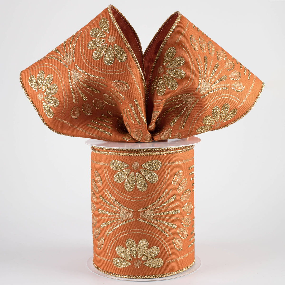 4" Bold Glittered Art Deco Ribbon: Autumn Orange (10 Yards)
