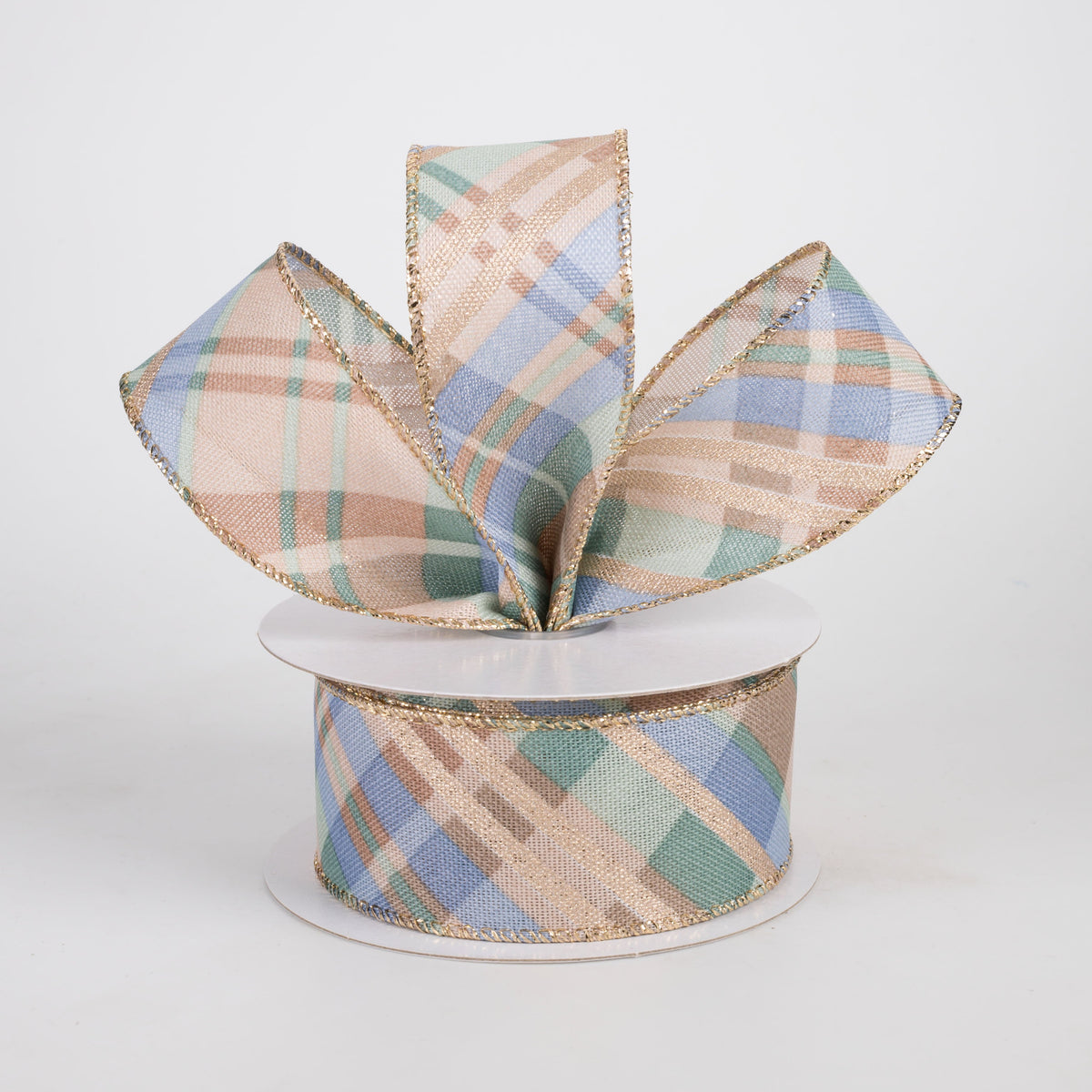 1.5" Conklin Plaid Ribbon: Sage, Tan & Dusty Blue (10 Yards) Lifestyle Photo