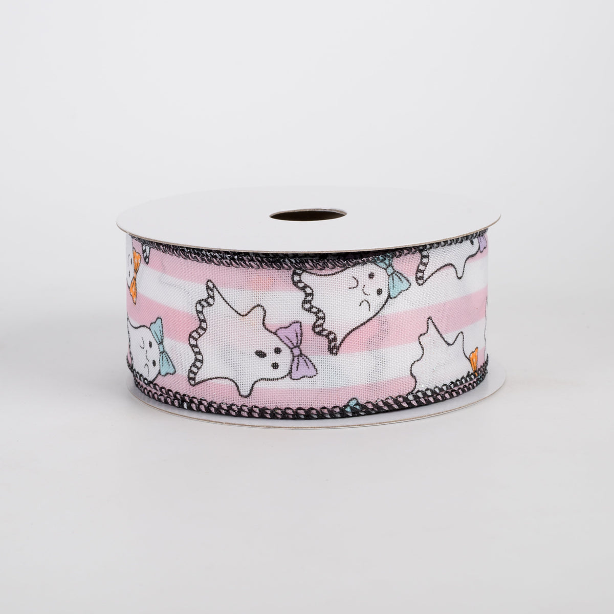 1.5" Cutie Bow Ghosts Ribbon: Pink & White Satin Stripes (10 Yards) Item Number: 51607-09-44