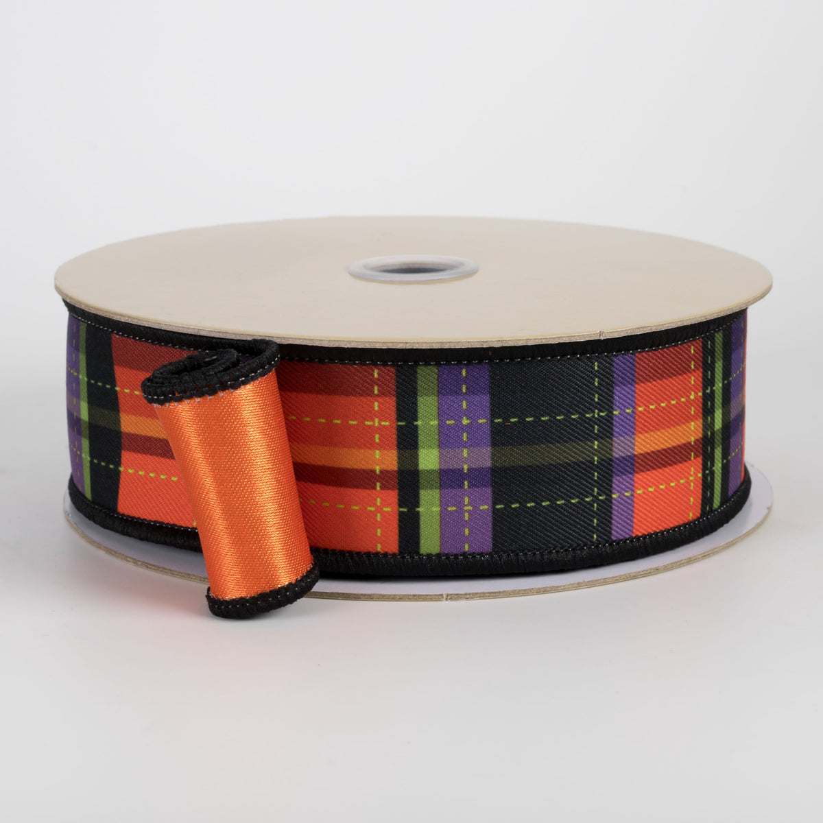 1.5" Double Sided Fused Dashed Plaid Ribbon: Halloween (10 Yards) Item Number: LX1293YR