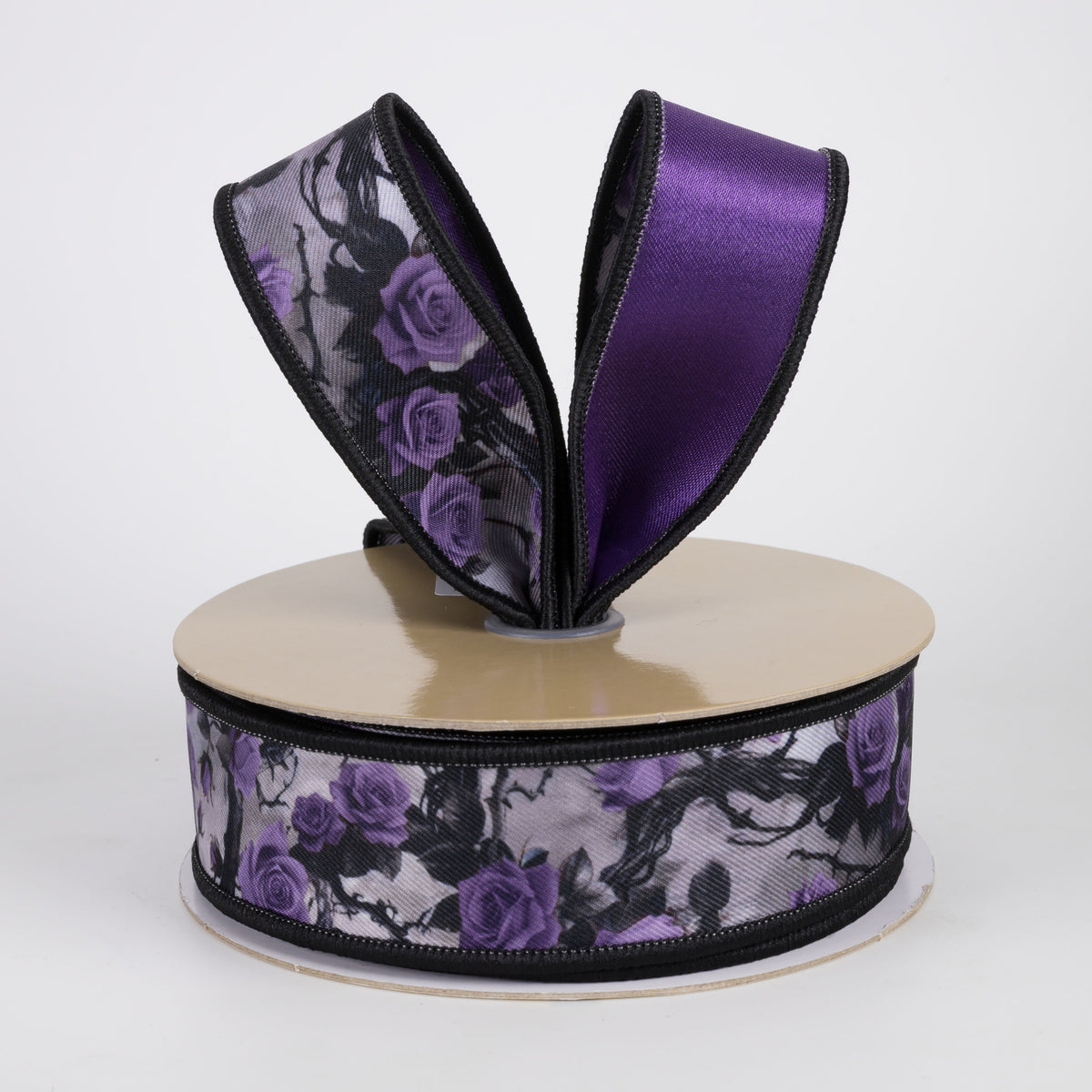 1.5" Double Sided Fused Roses & Vines Ribbon: Purple & Black (10 Yards) Lifestyle Photo