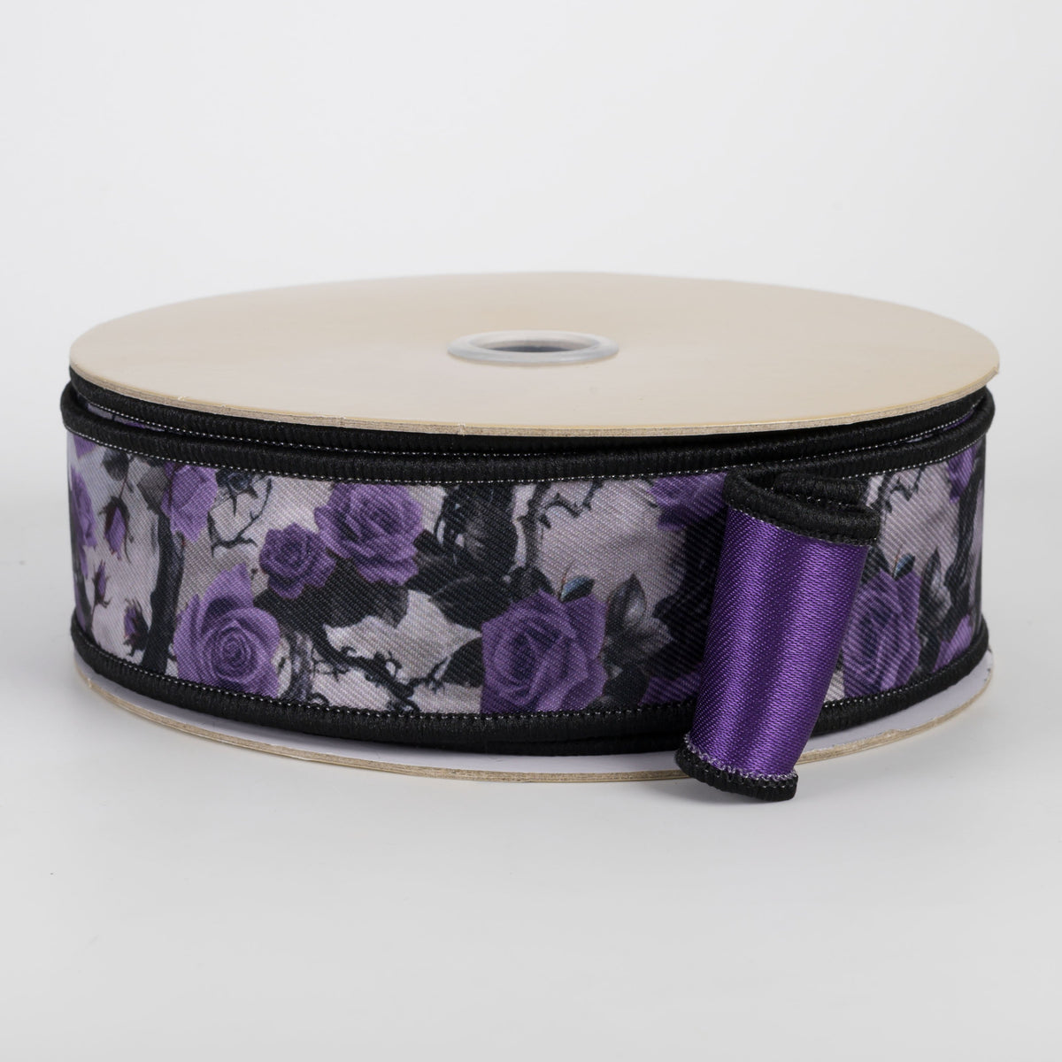 1.5" Double Sided Fused Roses & Vines Ribbon: Purple & Black (10 Yards) Item Number: LX125823