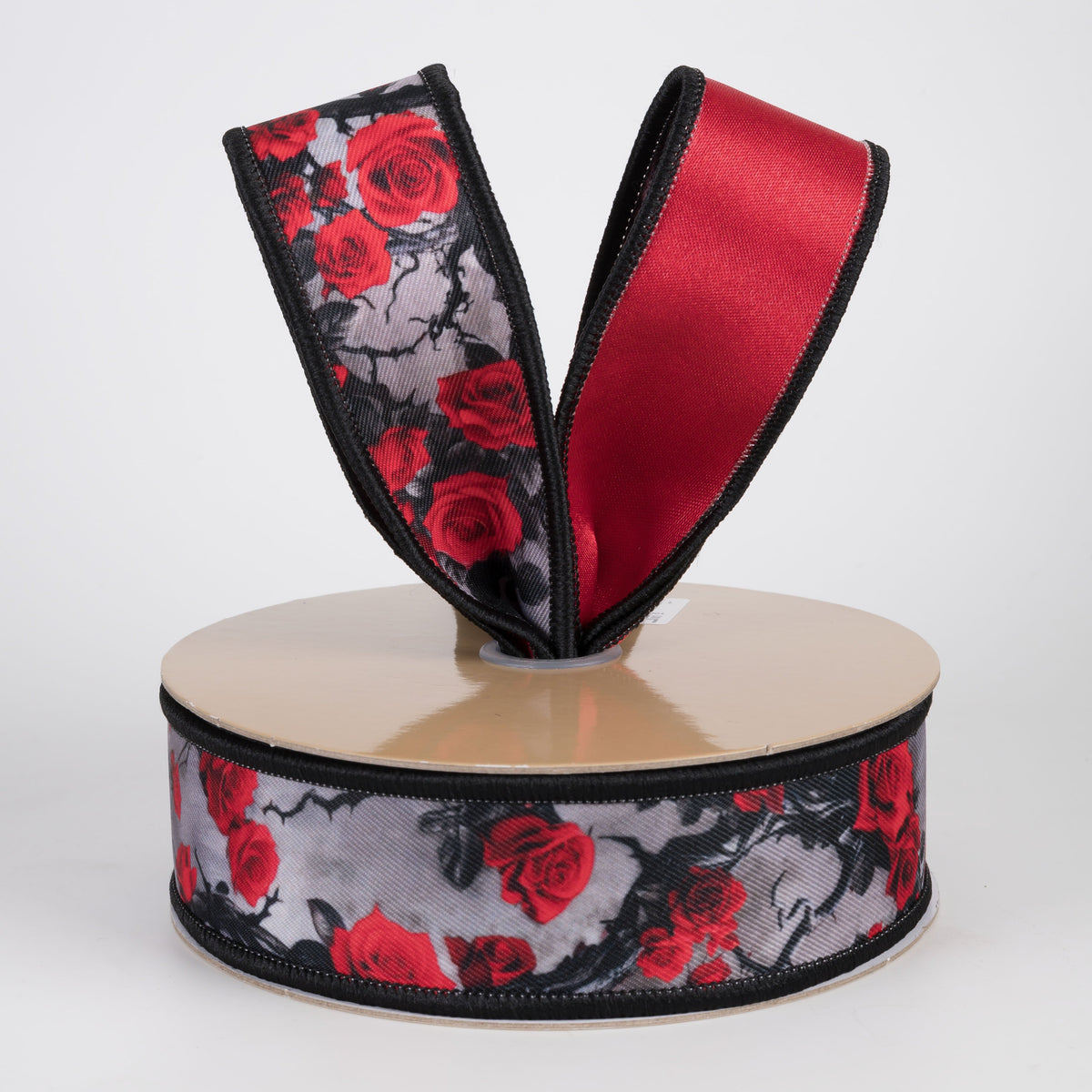 1.5" Double Sided Fused Roses & Vines Ribbon: Red & Black (10 Yards) Lifestyle Photo