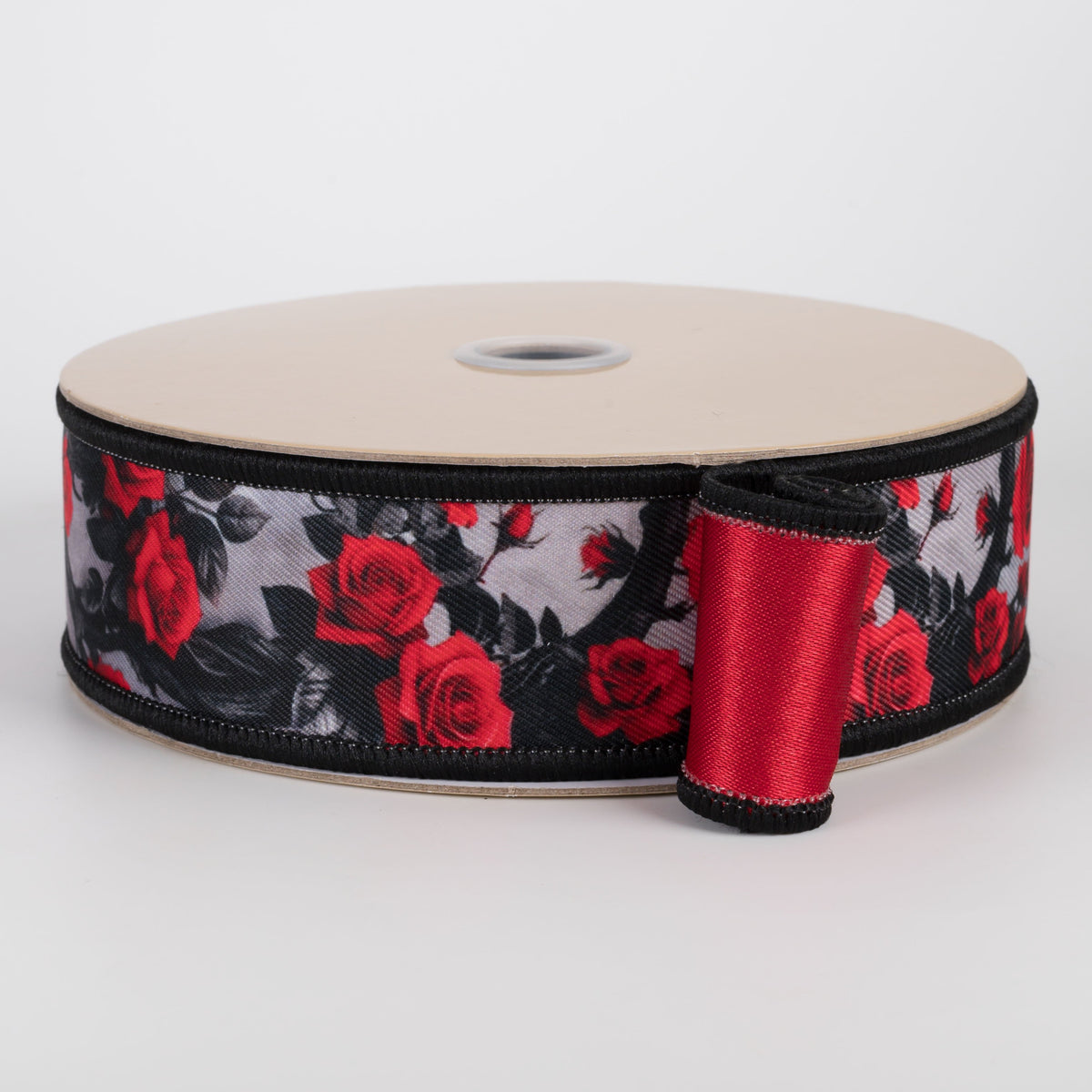 1.5" Double Sided Fused Roses & Vines Ribbon: Red & Black (10 Yards) Item Number: LX125824