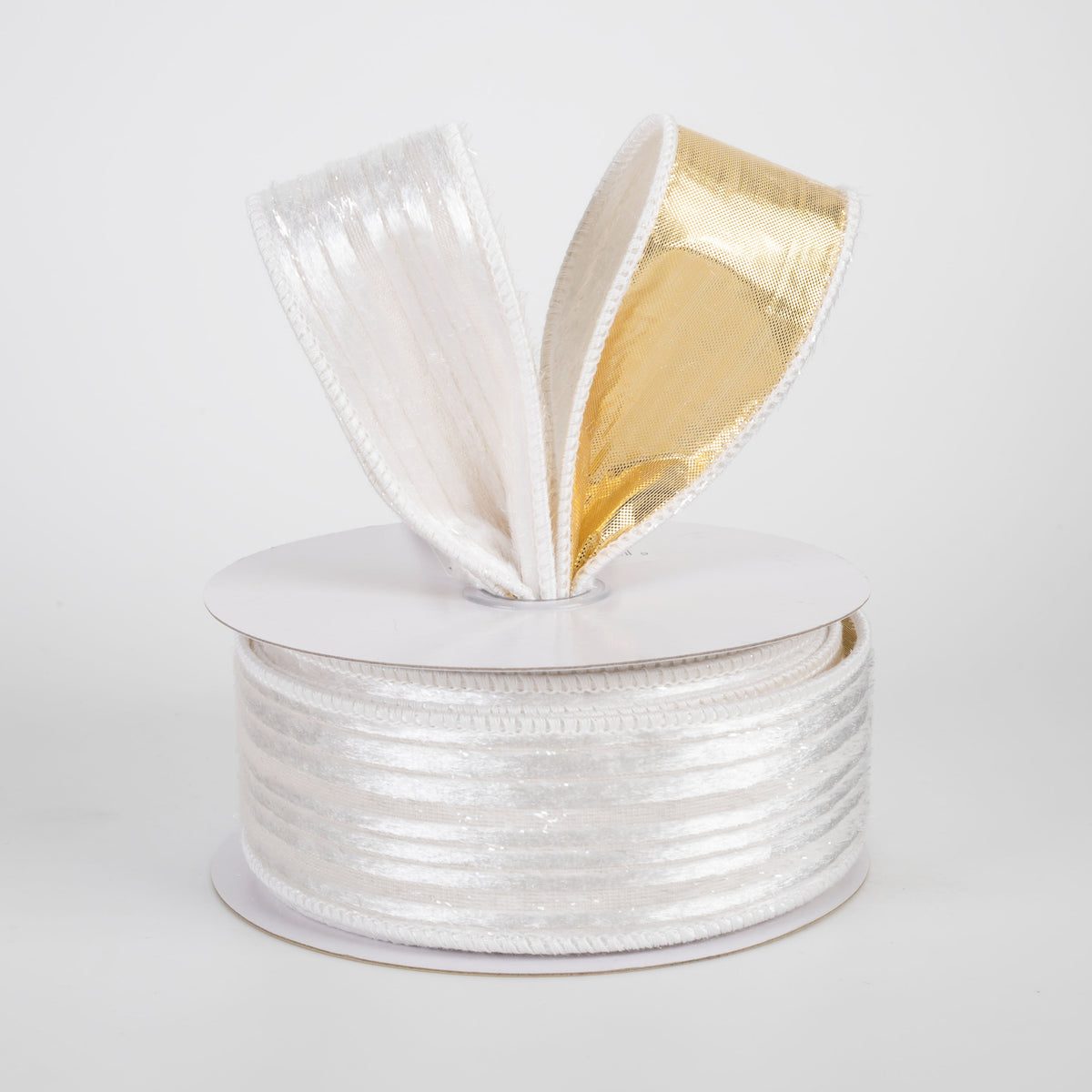1.5" Double Sided Fused Striped Velvet Ribbon: White & Gold (10 Yards) Lifestyle Photo