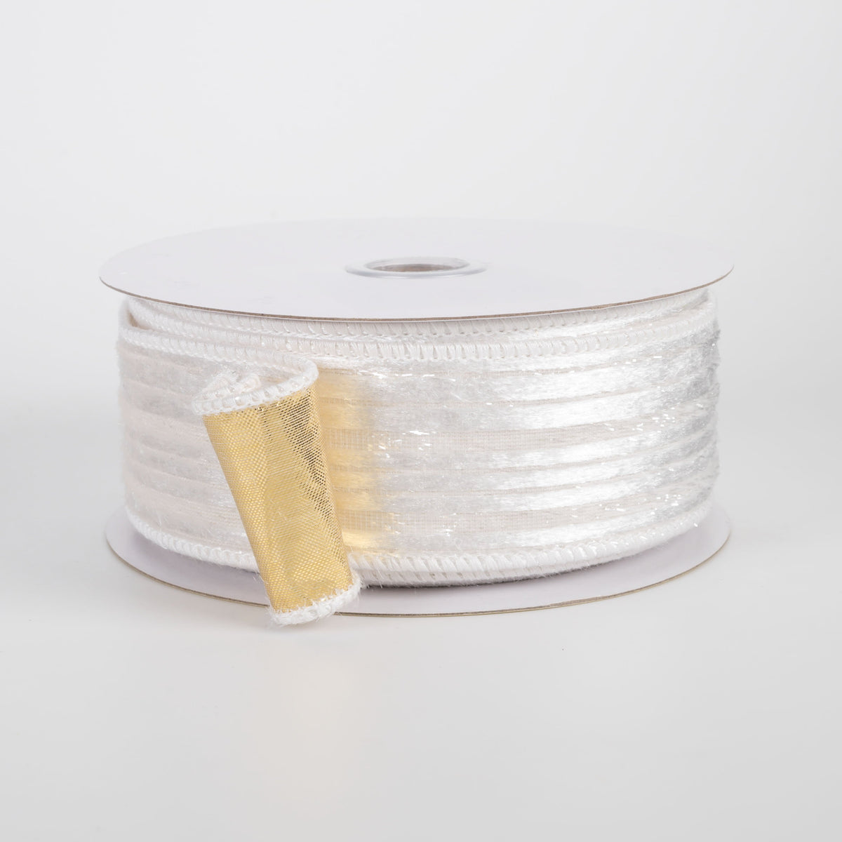 1.5" Double Sided Fused Striped Velvet Ribbon: White & Gold (10 Yards) Item Number: LX500627