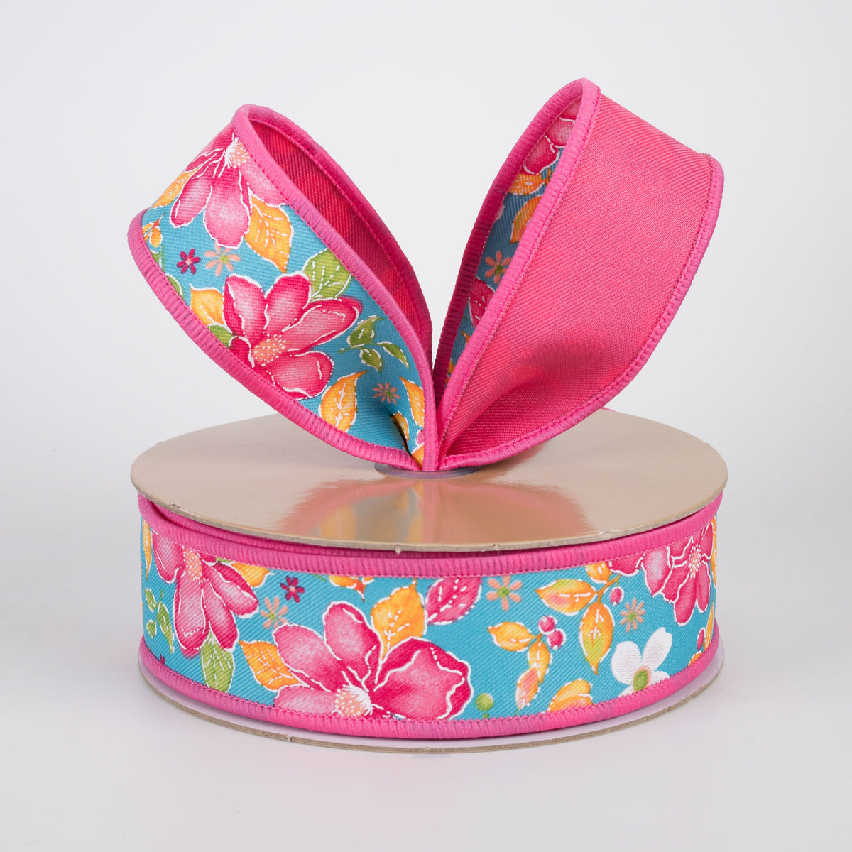 1.5" Double Sided Fused Watercolor Flowers Ribbon: Turquoise & Pink (10 Yards) Lifestyle Photo