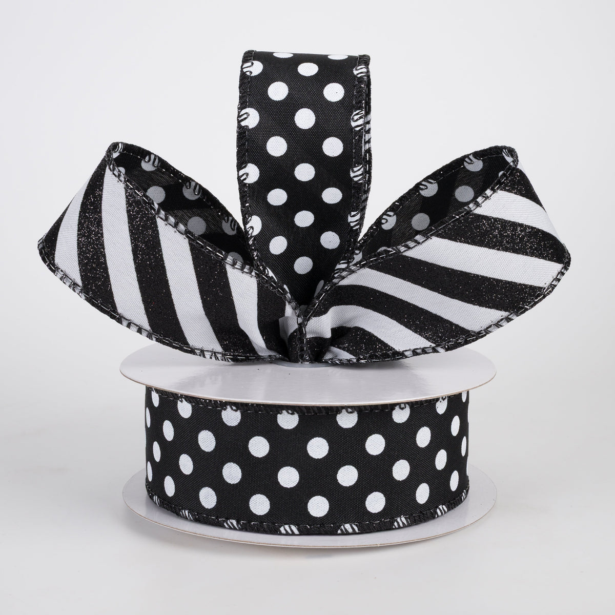 1.5" Double Sided Satin Dots & Glitter Candy Cane Stripes Ribbon: Black & White (10 Yards) Lifestyle Photo