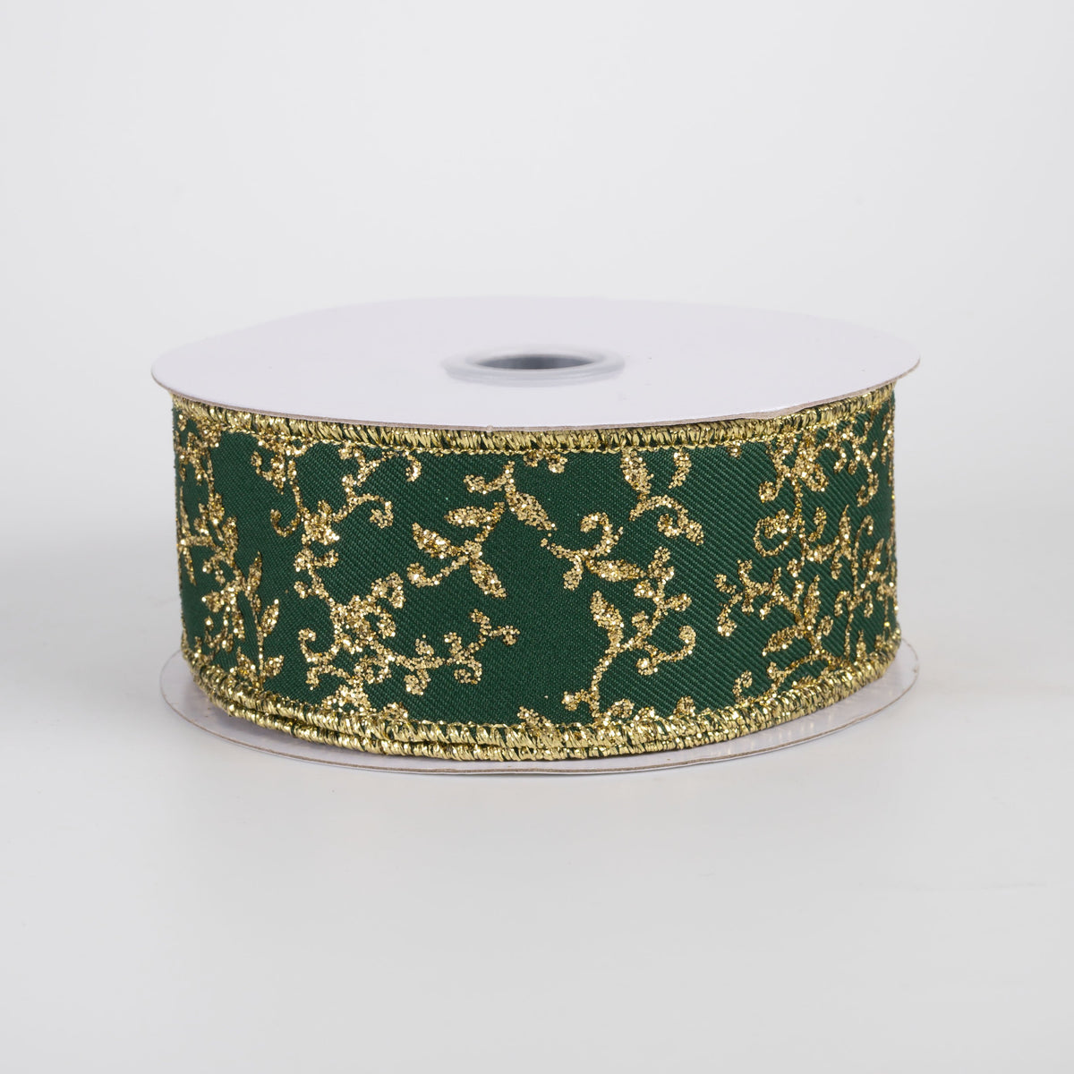 1.5" Glitter Mini Leaf Vines Ribbon: Hunter Green & Gold (10 Yards) Item Number: RGF1312CK