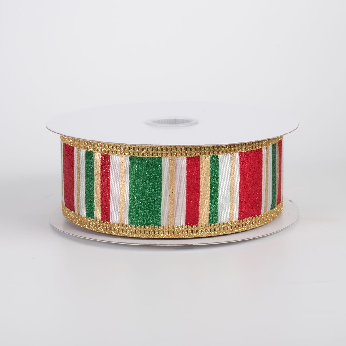 1.5" Glitter Stripes Satin Ribbon: Green, Red & Gold on Ivory (10 Yards) Item Number: 76565-09-18