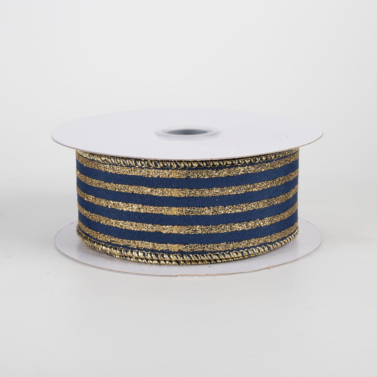 1.5" Glitter Vertical Stripe Ribbon: Navy Blue on Gold (10 Yards) Item Number: RGF1972WA