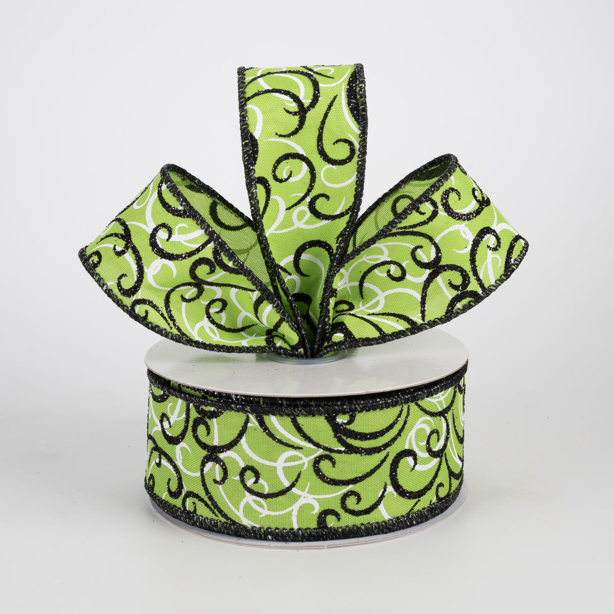 1.5" Glittered Multi Swirls Ribbon: Black & White on Lime Green (10 Yards) Lifestyle Photo
