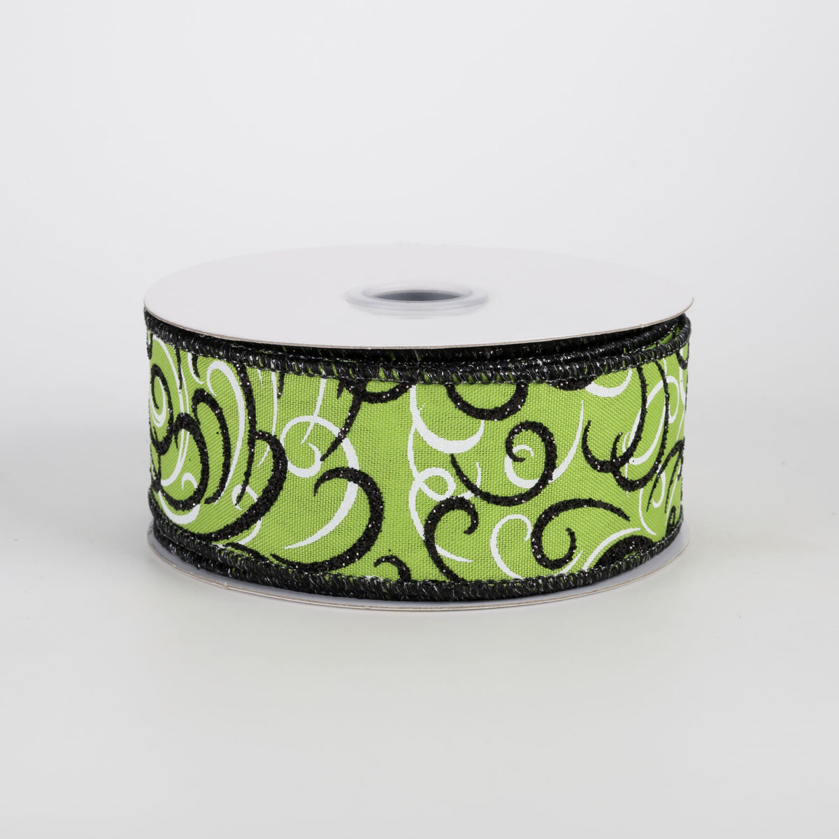1.5" Glittered Multi Swirls Ribbon: Black & White on Lime Green (10 Yards) Item Number: RGF132233
