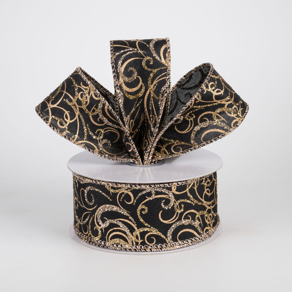 1.5" Glittered Multi Swirls Ribbon: Champagne & Gold on Black  (10 Yards) Lifestyle Photo