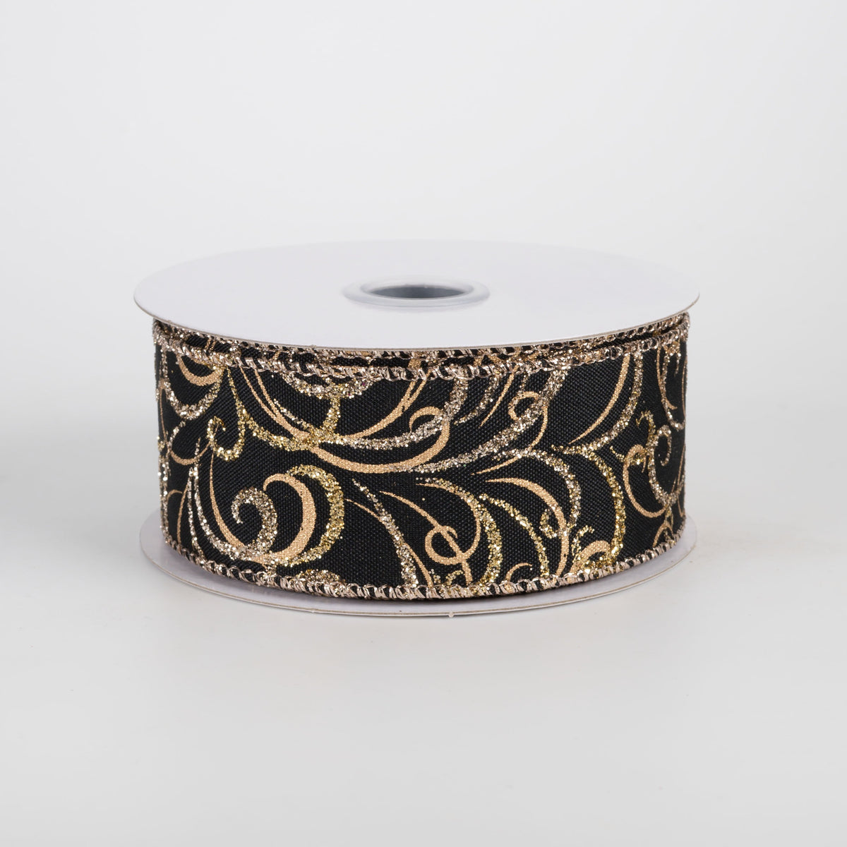 1.5" Glittered Multi Swirls Ribbon: Champagne & Gold on Black  (10 Yards) Item Number: RGF133402