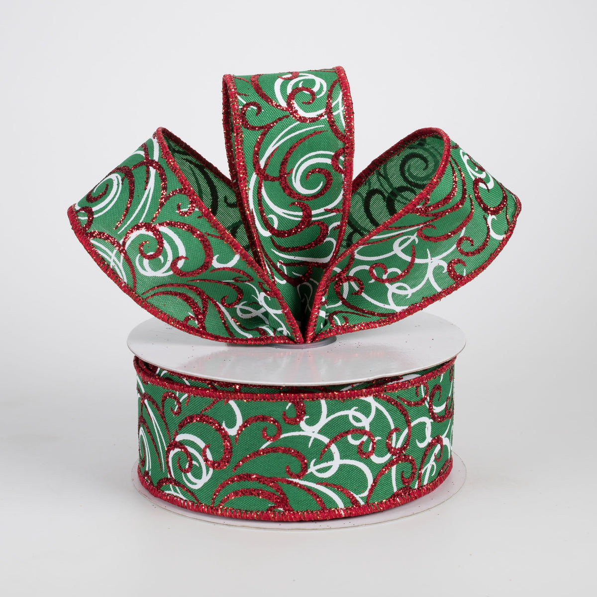 1.5" Glittered Multi Swirls Ribbon: Red & White on Emerald (10 Yards) Lifestyle Photo