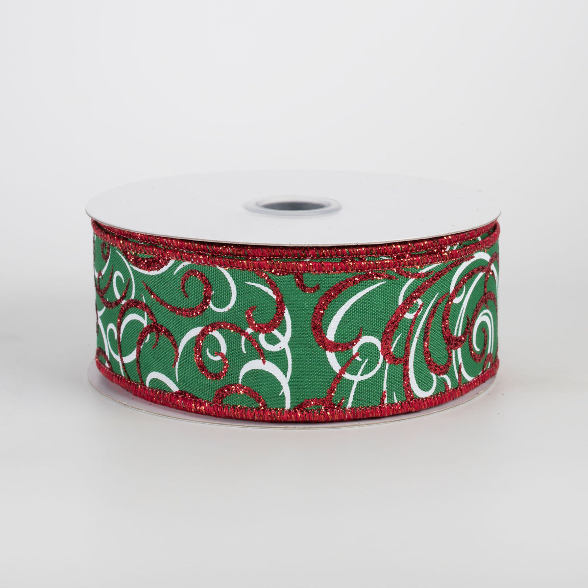 1.5" Glittered Multi Swirls Ribbon: Red & White on Emerald (10 Yards) Item Number: RGF132258