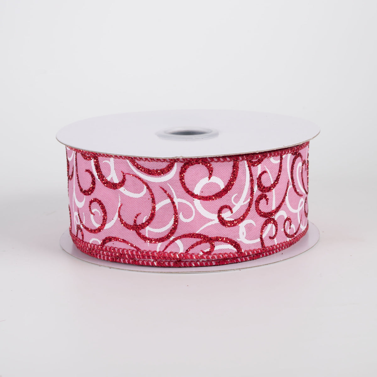 1.5" Glittered Multi Swirls Ribbon: Red & White on Pink (10 Yards) Item Number: RGF13228F