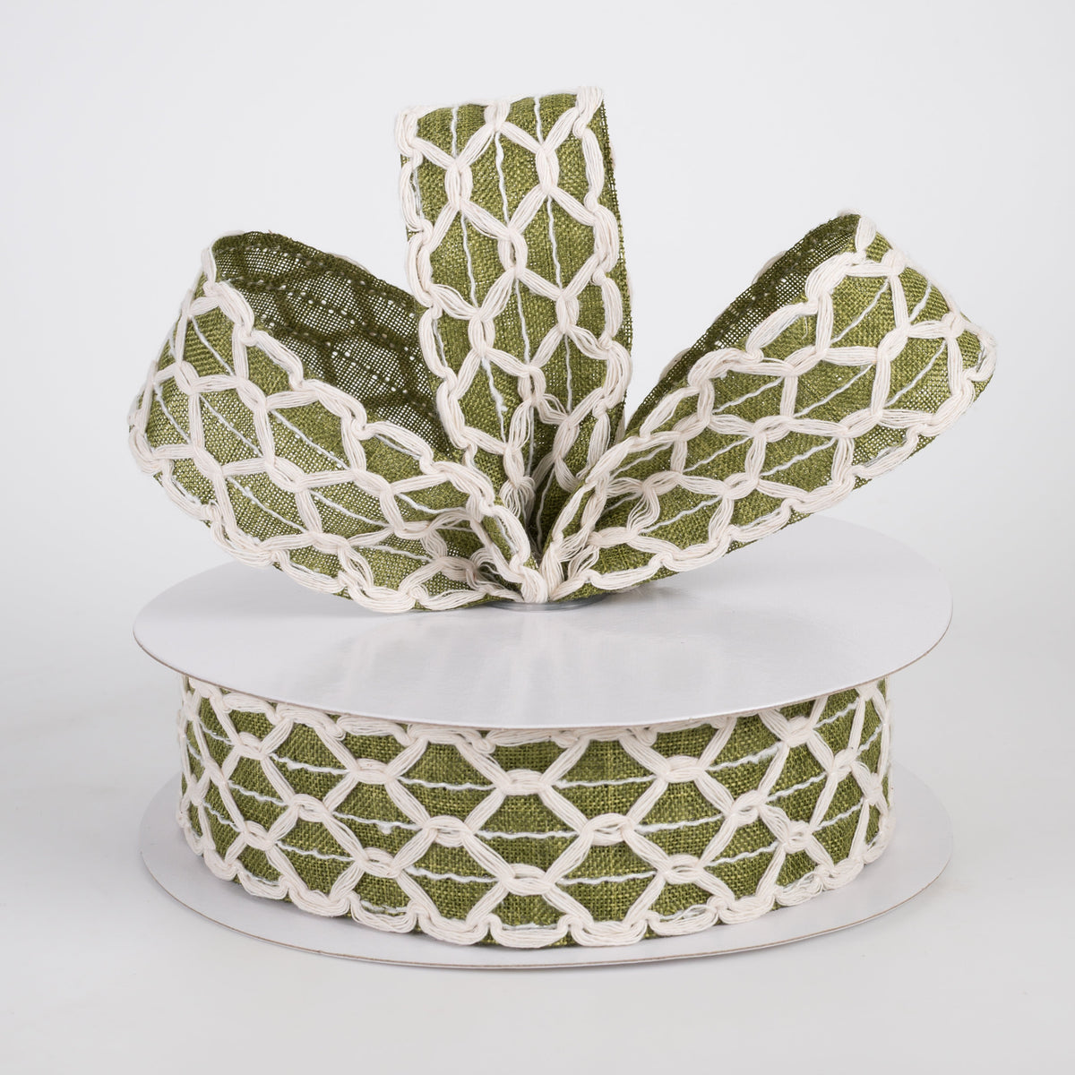1.5" Ivory Scalloped Weave on Linen Ribbon: Moss Green (10 Yards) Lifestyle Photo