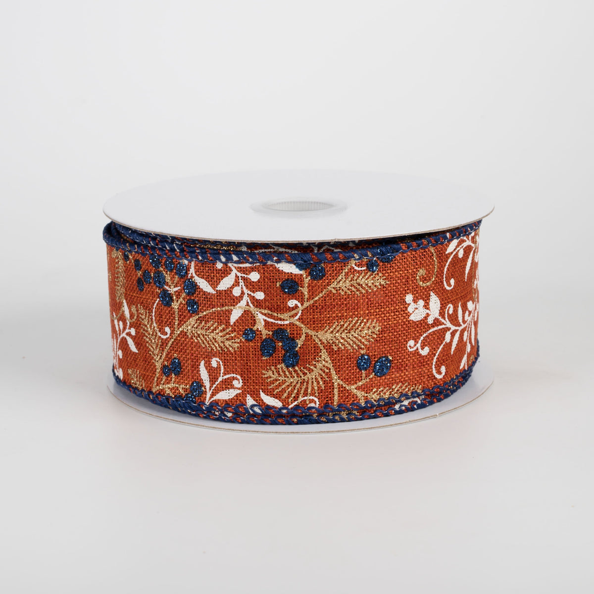 1.5" Linen Gold Vines & Navy Berries Ribbon: Rust (10 Yards) Item Number: 61502-09-31