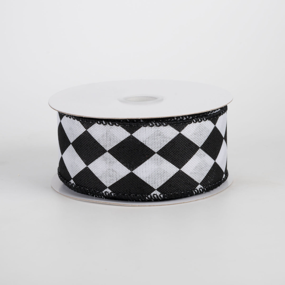 1.5" Linen Harlequin Print Ribbon: Black & White (10 Yards) Item Number: 51606-09-21