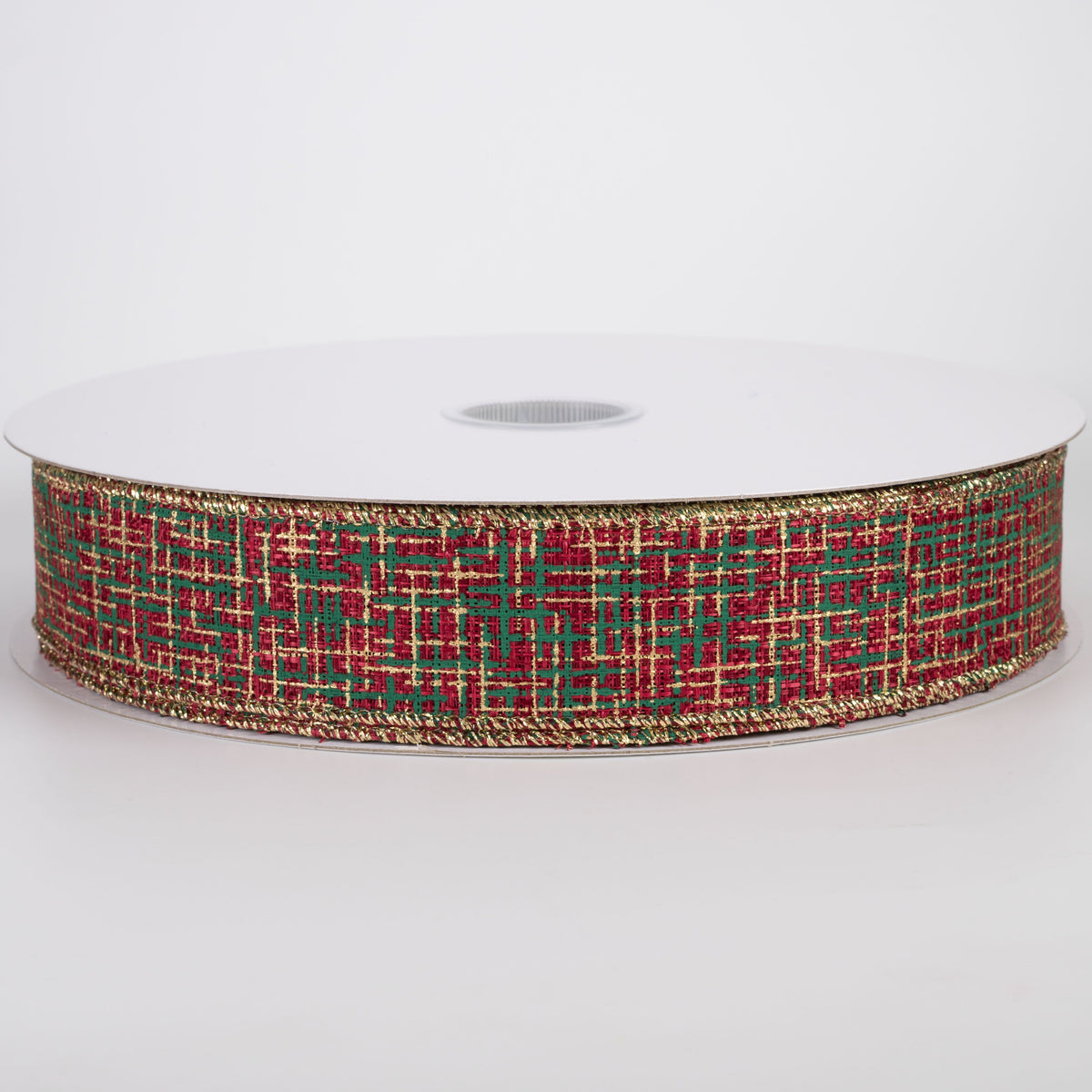 1.5" Linen Tweed Print Ribbon: Green & Gold on Red (50 Yards) Item Number: 871-09-621