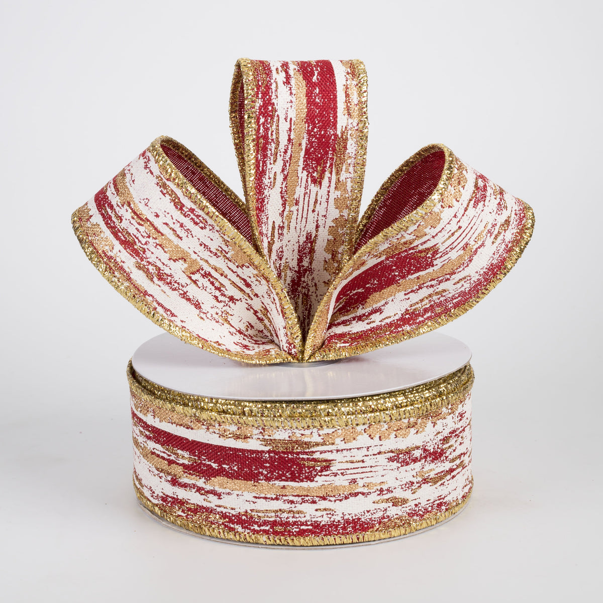 1.5" Metallic Glitter Streaks Ribbon: Cranberry, Cream, Gold (10 Yards) Lifestyle Photo