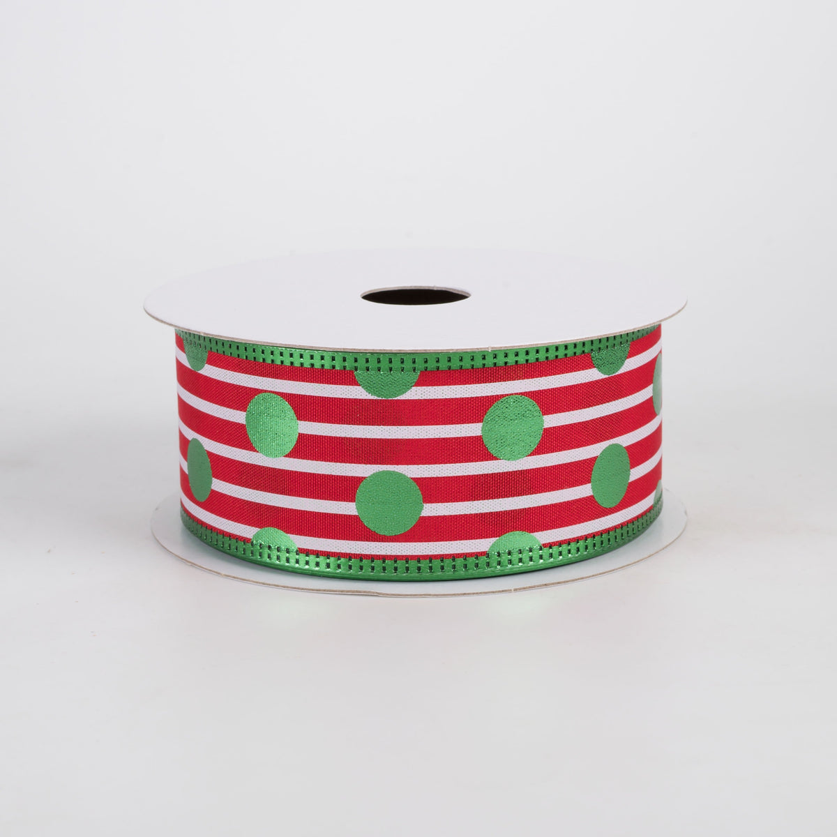1.5" Metallic Polka Dot & Edge Ribbon: Green on Red & White (10 Yards) Item Number: 76535-09-17