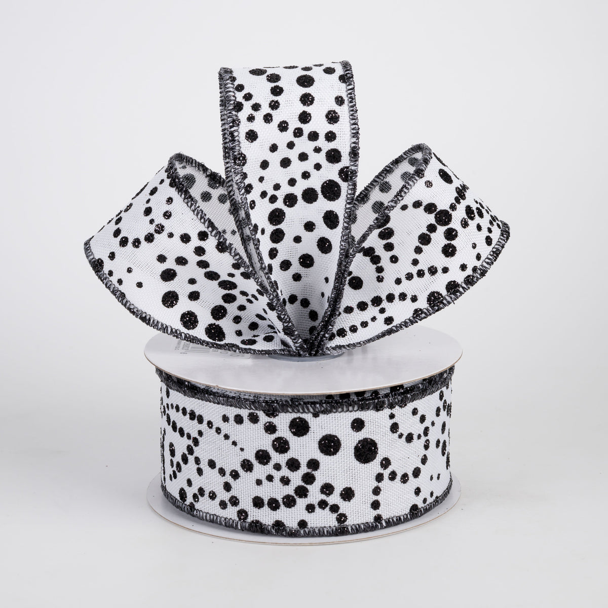 1.5" Mini Glitter Dots Ribbon: Black on White (10 Yards) Lifestyle Photo