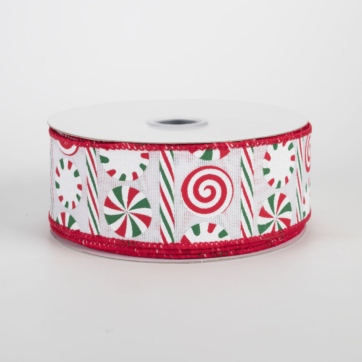 1.5" Peppermints & Peppermint Stripes Ribbon: White, Red & Emerald (10 Yards) Item Number: RGH135767