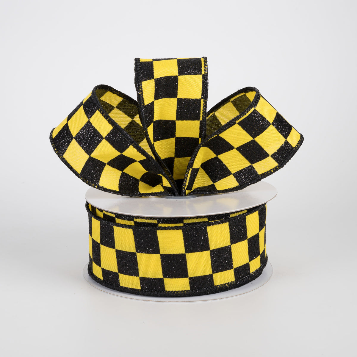 1.5" Printed Glitter Race Check Ribbon: Black on Yellow (10 Yards) Lifestyle Photo