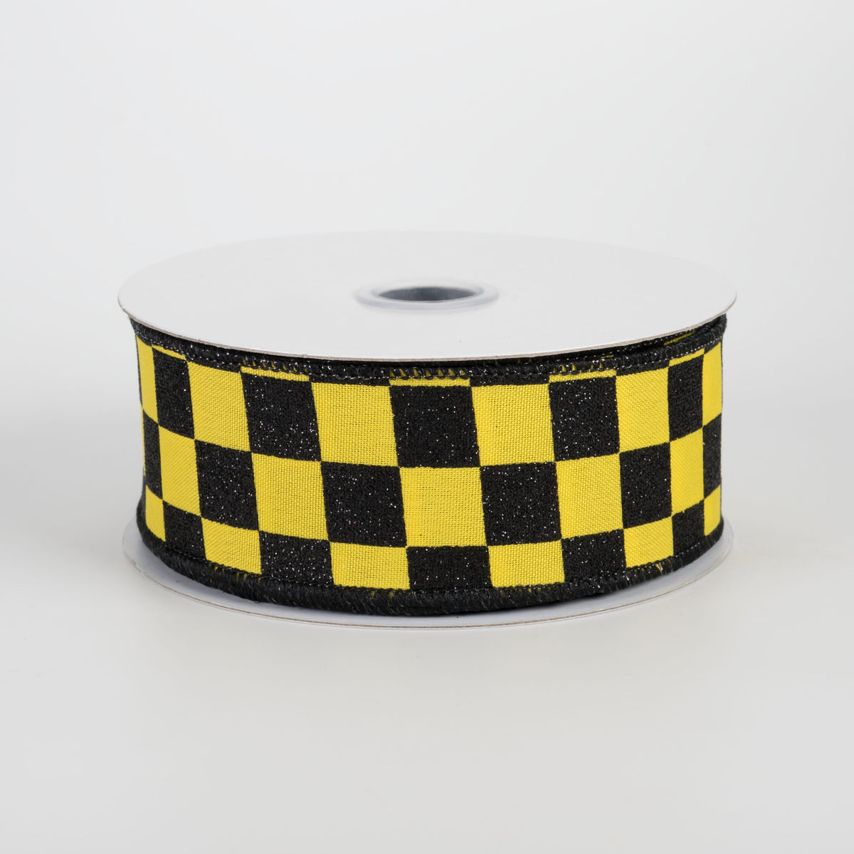 1.5" Printed Glitter Race Check Ribbon: Black on Yellow (10 Yards) Item Number: RGH105929
