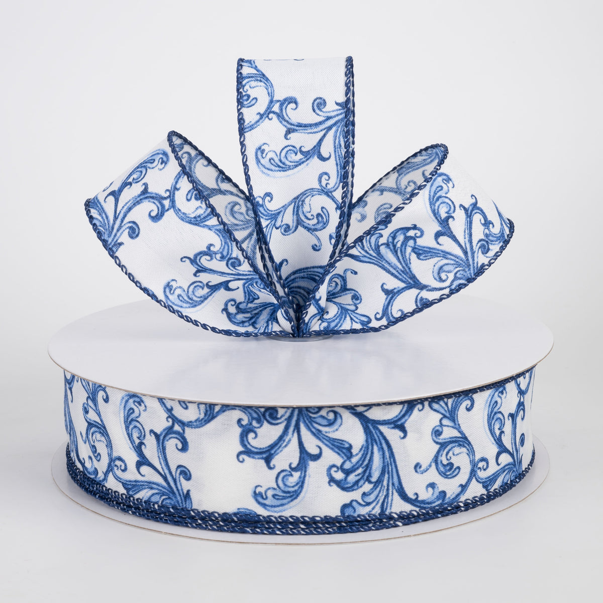 1.5" Satin Chinoiserie Swirls Ribbon: Blue on White (50 Yards) Lifestyle Photo
