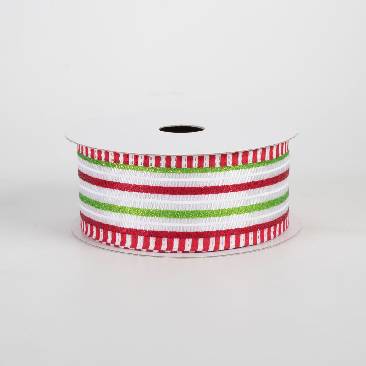 1.5" Satin Glitter Stripes Striped Edge Ribbon: Red, White, Lime (10 Yards) Item Number: 76537-09-09