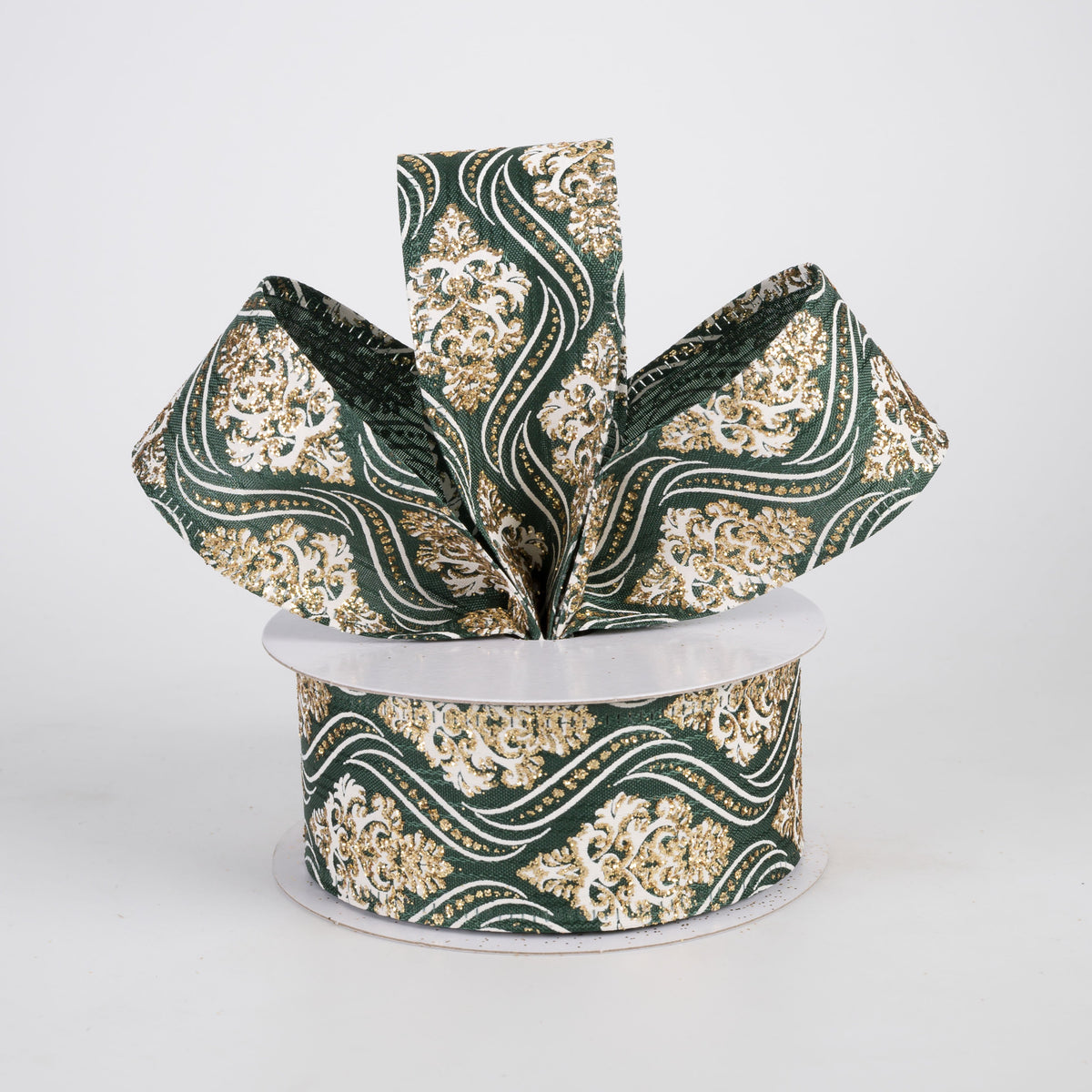 1.5" Wavy Damask Satin Ribbon: White & Gold on Dark Green (10 Yards) Lifestyle Photo