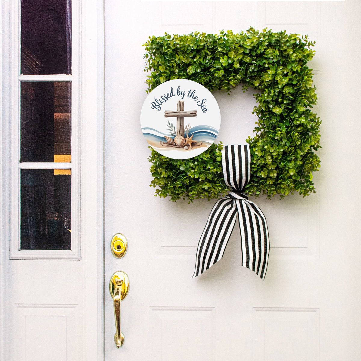 10.5" Round Waterproof Accent Sign: Blessed by the Sea Driftwood Cross Lifestyle Photo