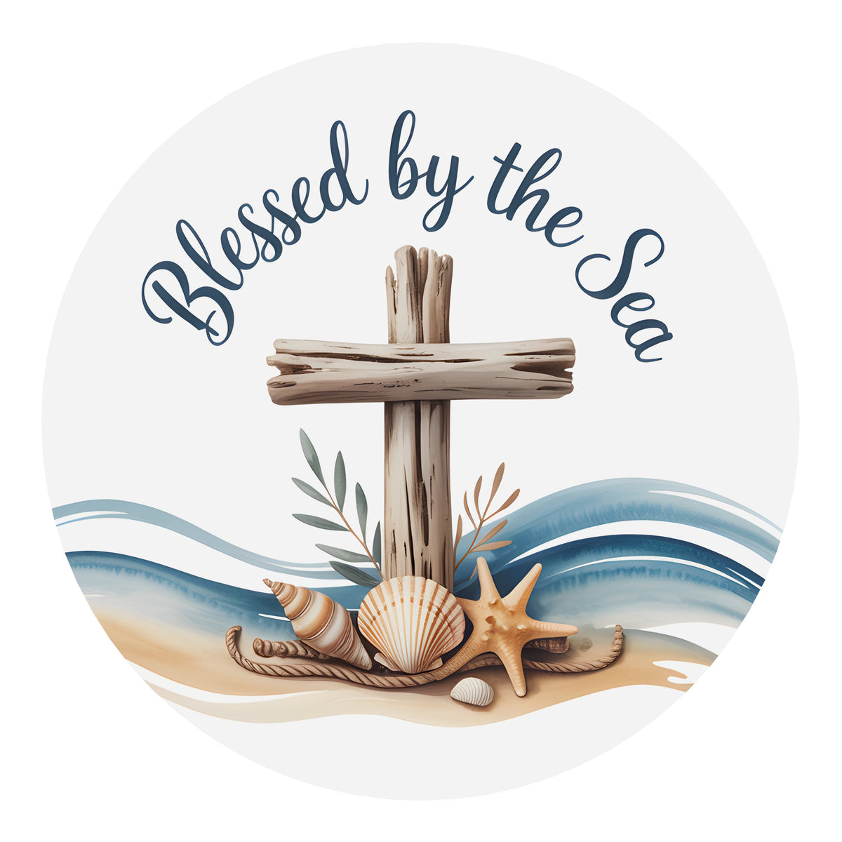 10.5" Round Waterproof Accent Sign: Blessed by the Sea Driftwood Cross Item Number: CD1189NH
