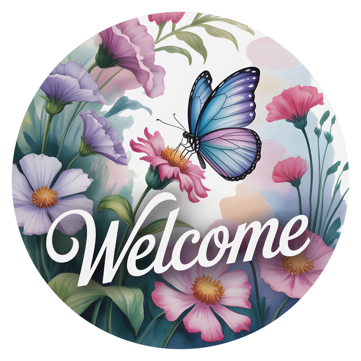 10.5" Round Waterproof Sign: Blue Butterfly Welcome Flower Garden Item Number: CD1397NH-105