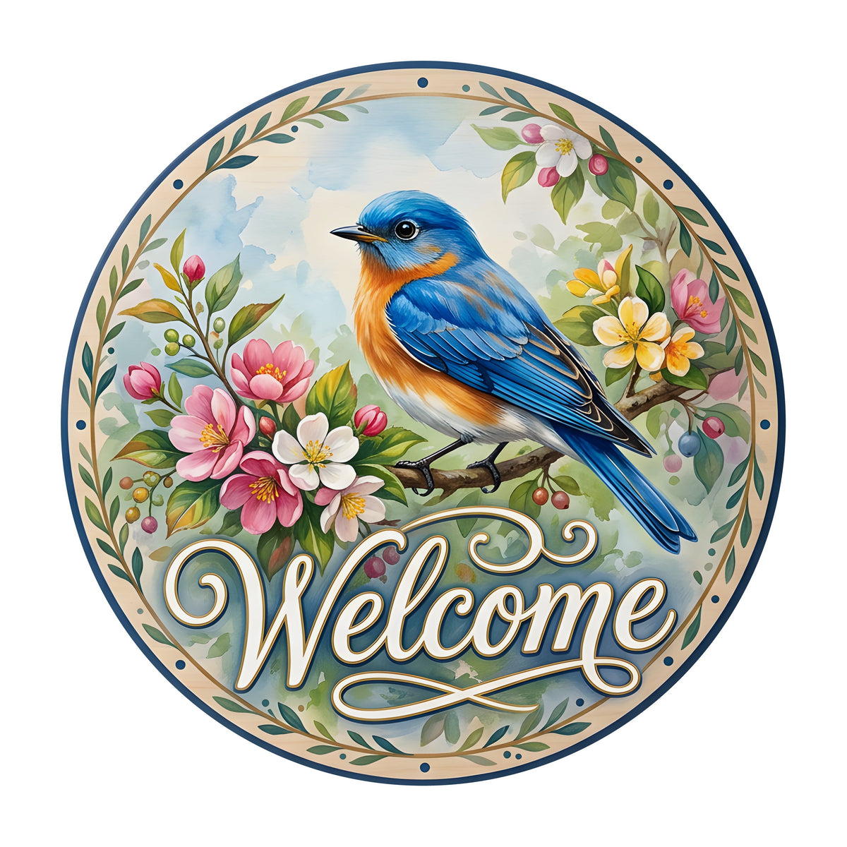 10.5" Round Waterproof Sign: Bluebird Welcome Spring Florals Item Number: CD1386NH-105