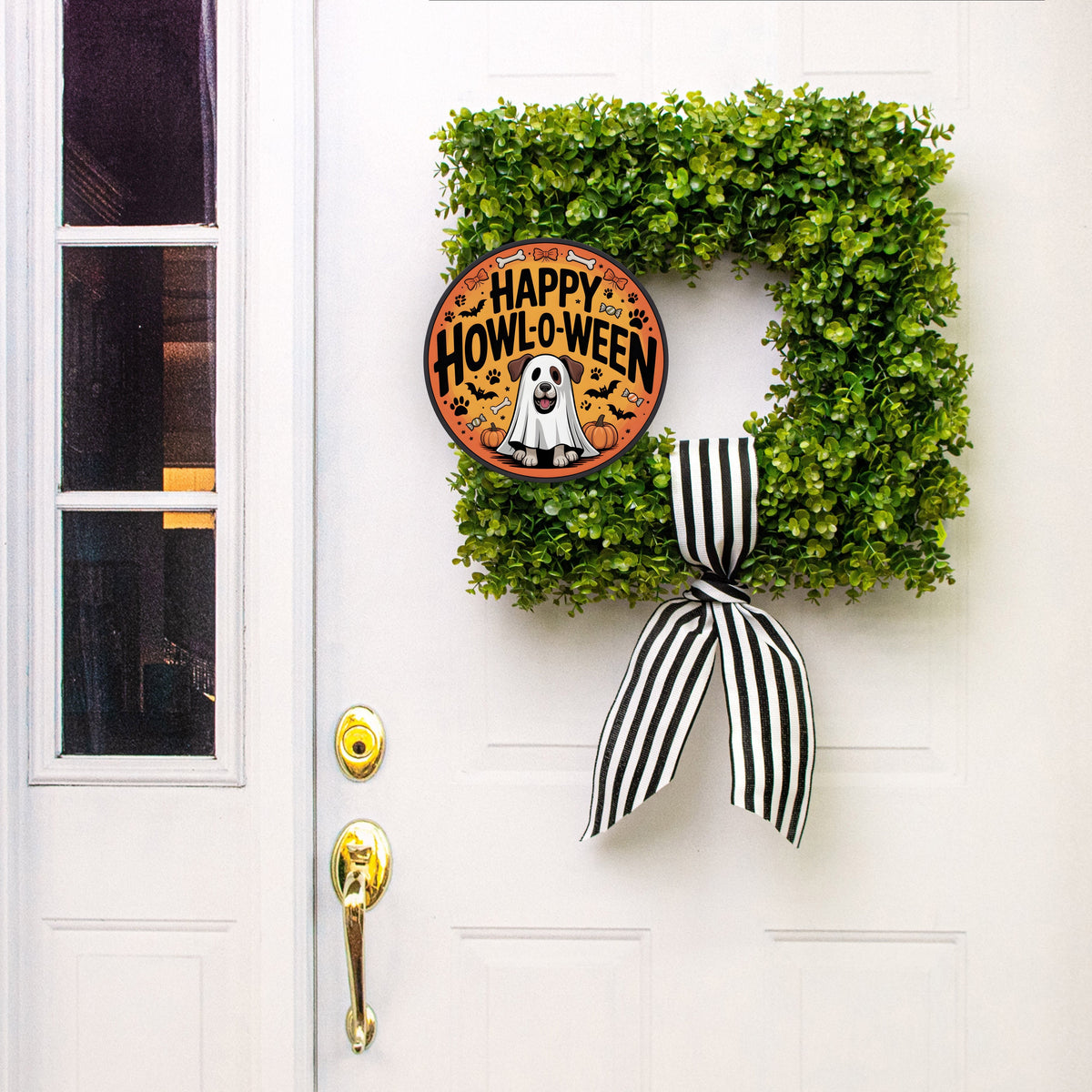 10.5" Round Waterproof Sign: Dog Ghost Happy Howl-O-Ween Lifestyle Photo