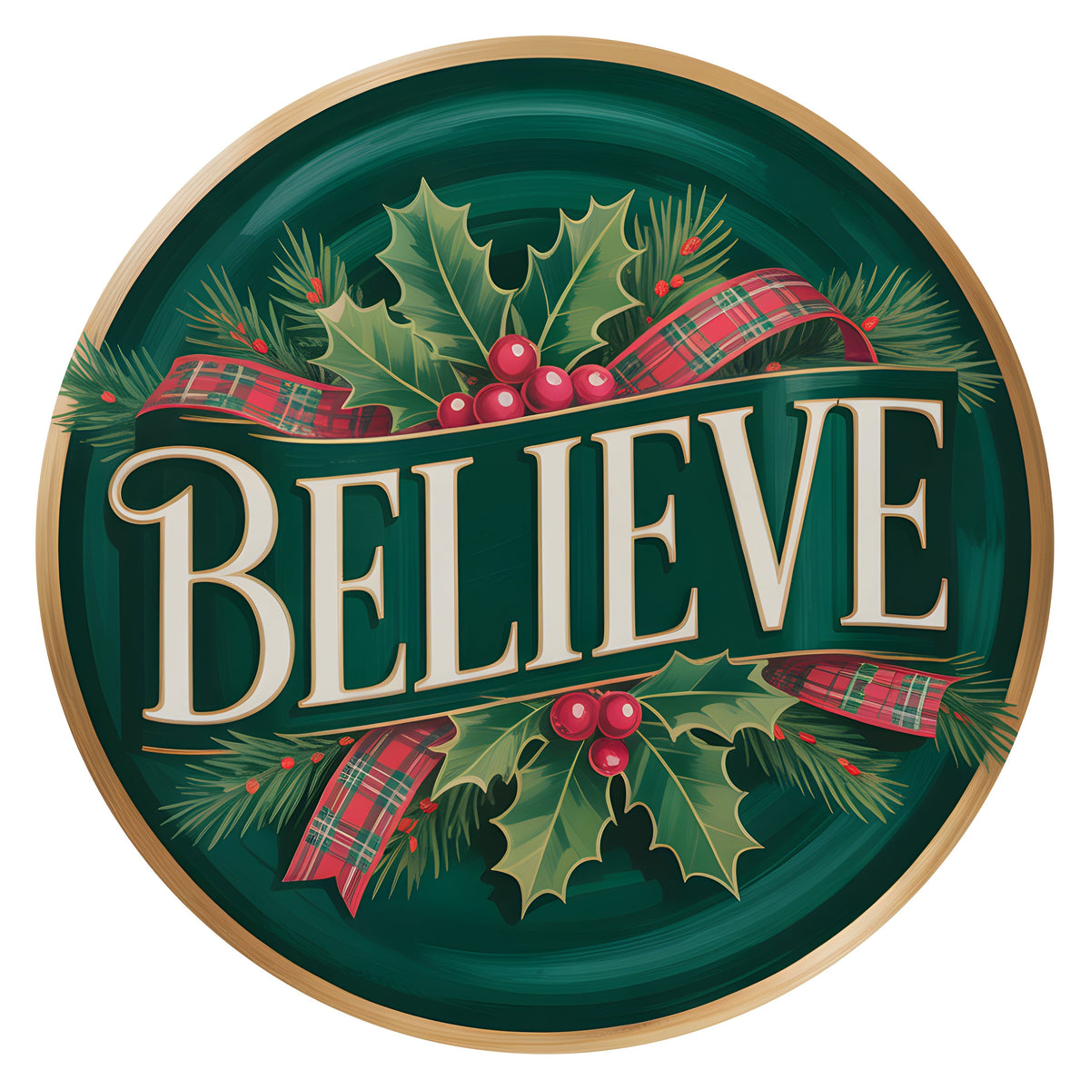 10.5" Round Waterproof Sign: Green Jewel Tone Plaid Believe Item Number: CD1450NH-105