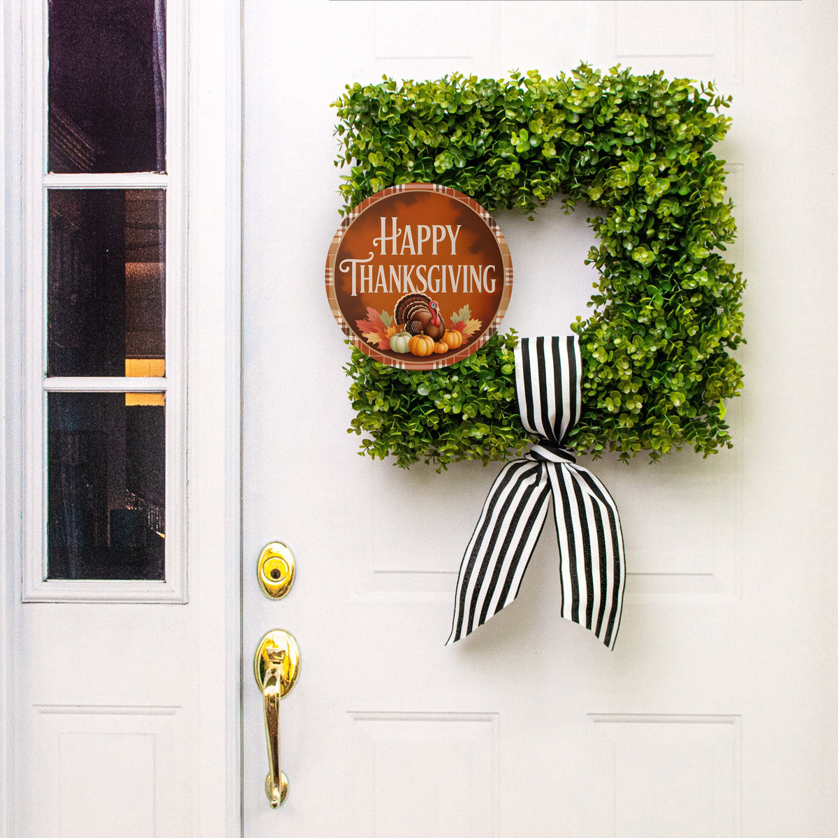 10.5" Round Waterproof Sign: Happy Thanksgiving Turkey Plaid Lifestyle Photo